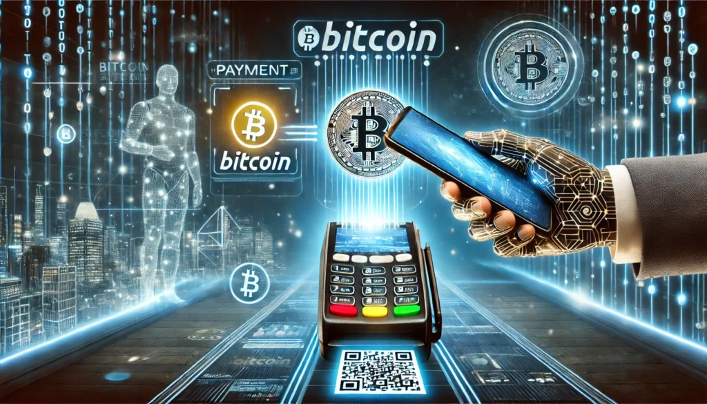 Bitcoin ve altcoinler ile yapılan bir ödeme içeren fütüristik bir resim