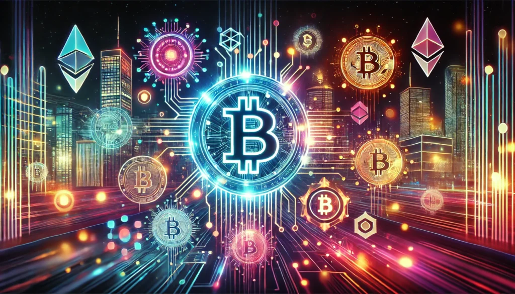 Birden çok Bitcoin logosu ve bir altcoin olan Ethereum logosu içeren renkli bir sanatsal resim