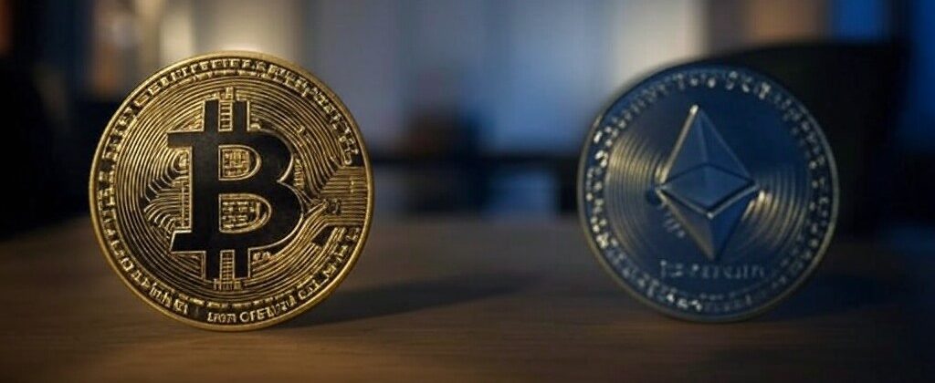 BTC ETH logos on the table